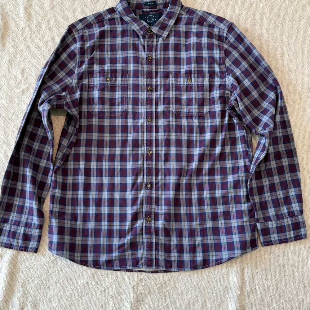 EvenTide Men’s Large Plaid Flannel Button Down Shirt Purple Blue Regular Fit New